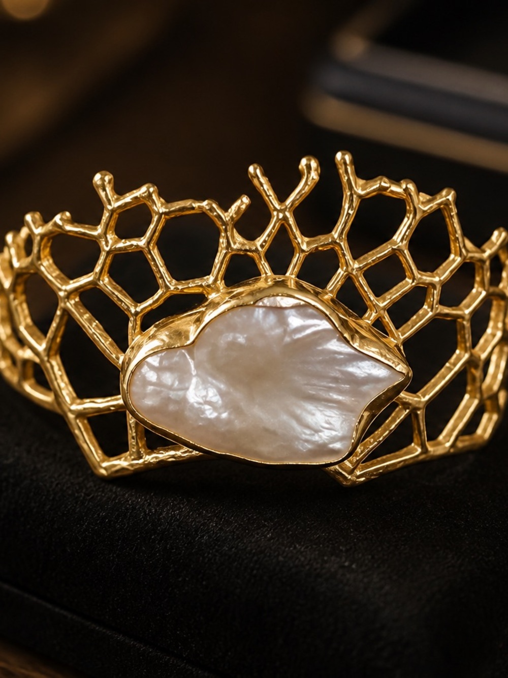 Gold Openwork Cuff Bracelet with White Mother-of-Pearl Accent